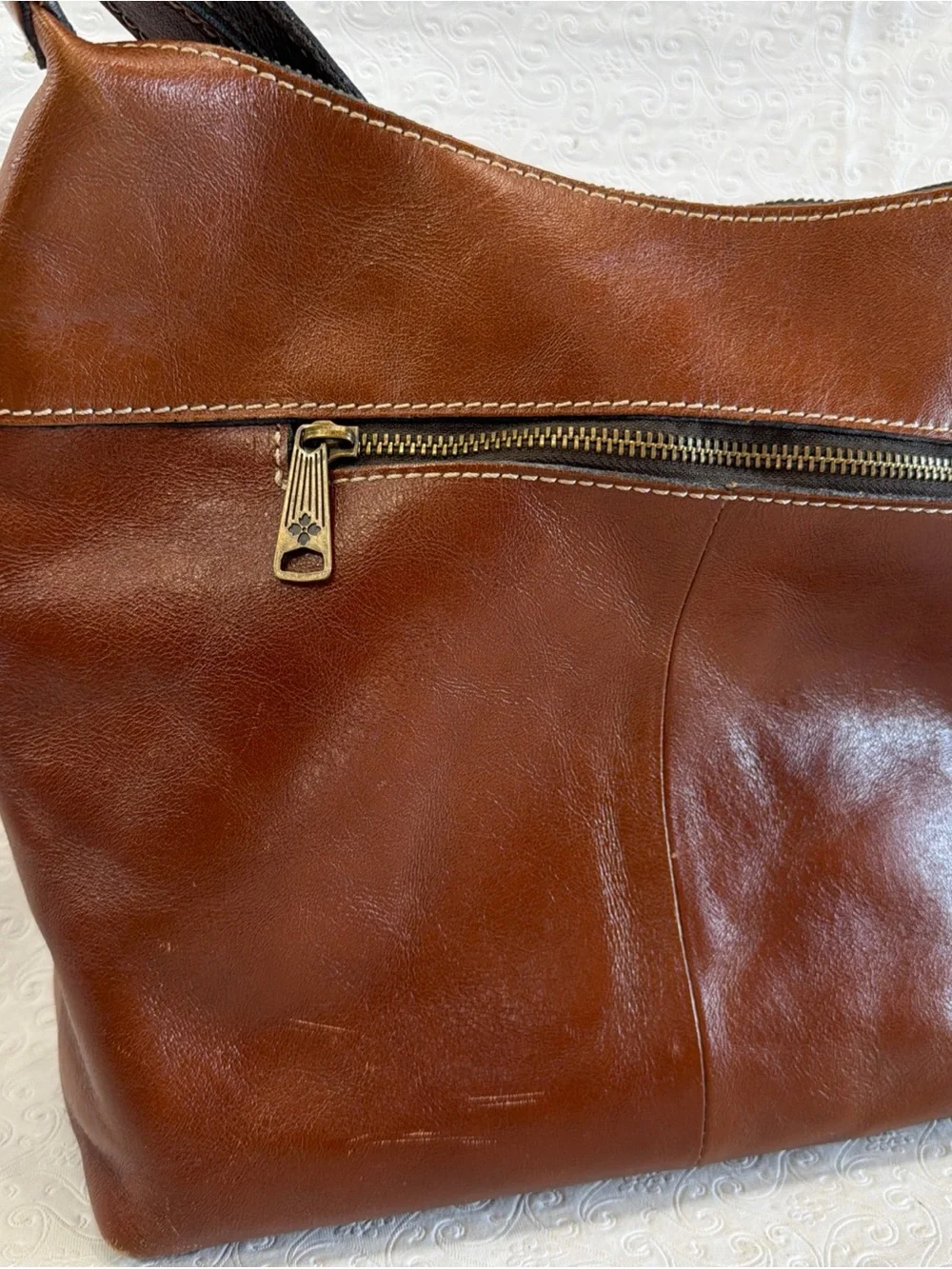 Patricia Nash Bag Brown Italian Leather Purse Zip Top Tote Hobo Crossbody Large